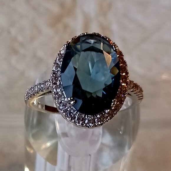 Source Unknown Jewelry - Silver London Blue Topaz and CZ Fashion Halo Ring Size 8.75 NWOT